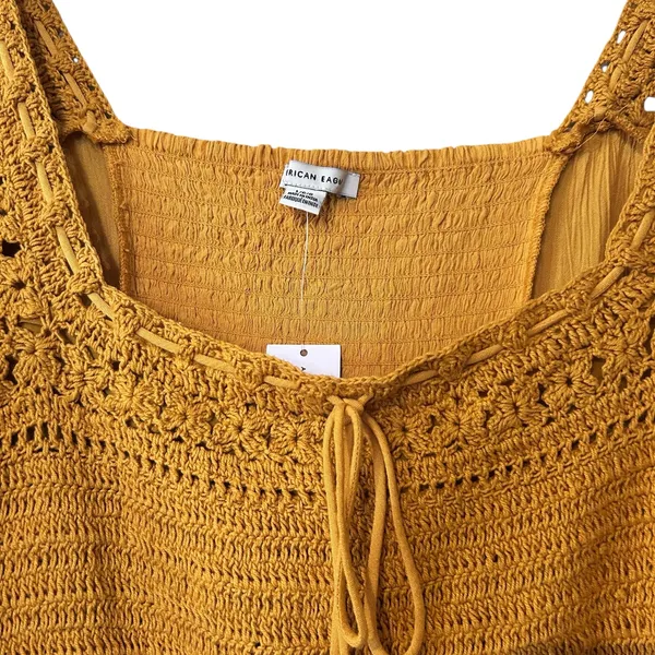 American Eagle NWT Blouse Top Crochet Gauze SZ LG Long Sleeves Mustard Smocking - Image 3