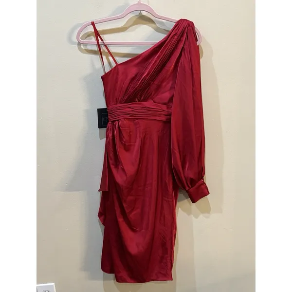 IEENA Mac Duggal SATIN ONE SLEEVED COCKTAIL DRESS Raspberry Size 6 - Image 4