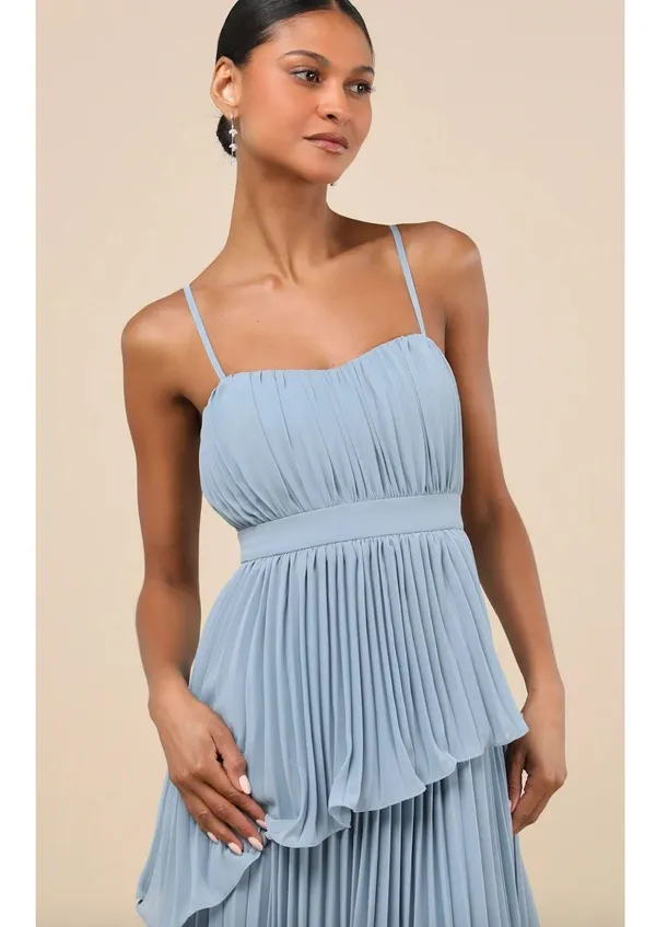 Lulus Jehona Dusty Blue Pleated Tiered Maxi Dress Long Formal A Line Small NWT - Image 2