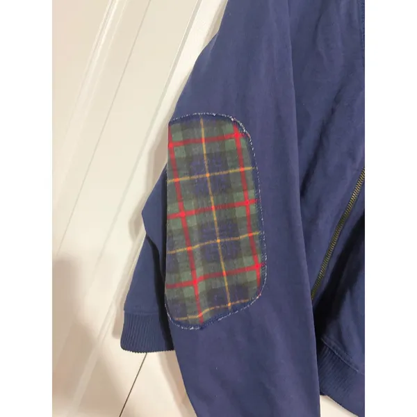 White Stag Cardigan Zip Up Plaid Elbow Patch Navy Blue Vintage Large - Image 4