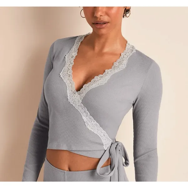Adore Me Wrap Top Ribbed Ballet Size S Gray - Image 5