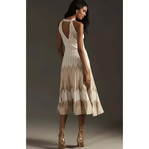 Anthropologie Pleated Drop-Waist Knit Midi Dress Ivory Size Large - Image 4