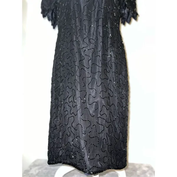 100% Silk Vintage Women’s Black Beaded Open Back MIDI Dress LARGE - Image 12