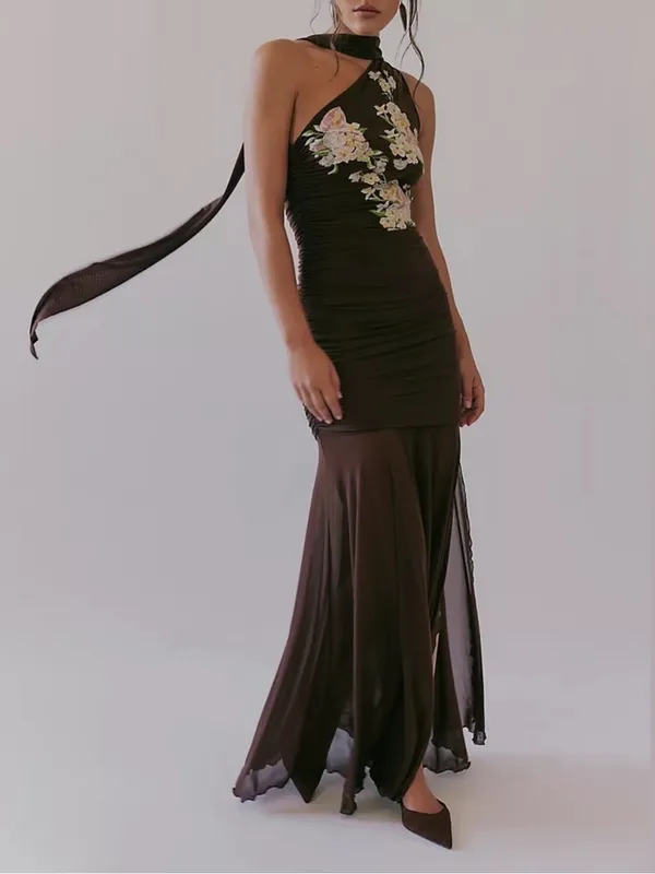 SAEMDI Mesh Embroidered Brown Floral Maxi Dress - Image 2