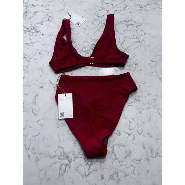 NWT Quince Cherry Red Italian Plunge Bikini Top & High Rise High Leg Bottom Set - Image 2