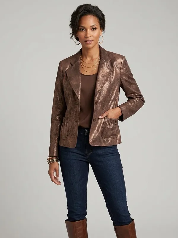 C&E Studio Metallic Bronze Genuine Suede Leather Blazer Jacket 6 - Image 3