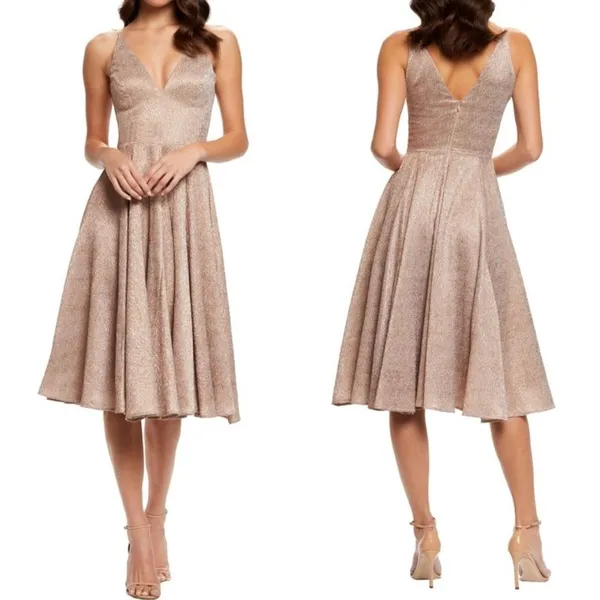 Dress the Population Delilah Rose Gold Metallic Midi Dress S Wedding Guest - Image 8