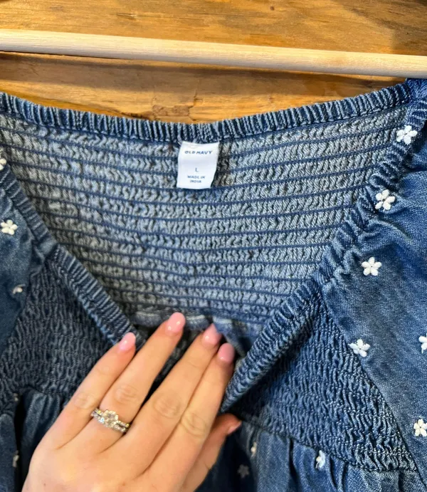 Old Navy Smocked-Yoke Floral-Embroidered Chambray Top - Image 3