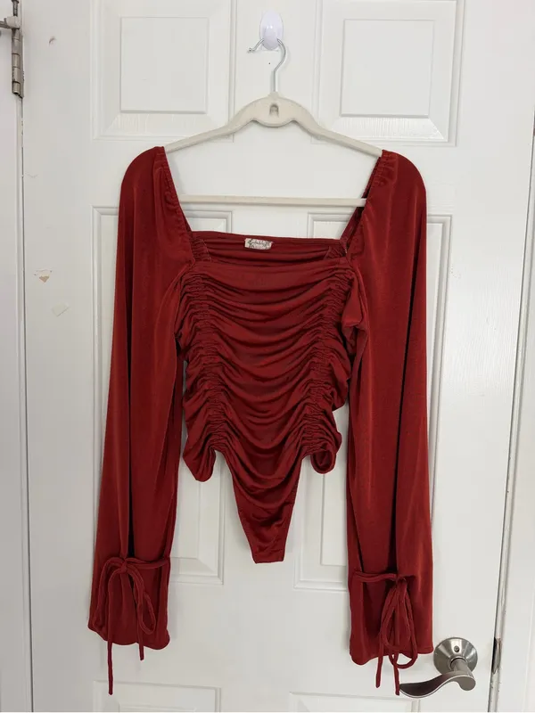 Free People Meant to Be Ruched Bodysuit Rust Red Size Large - Image 3