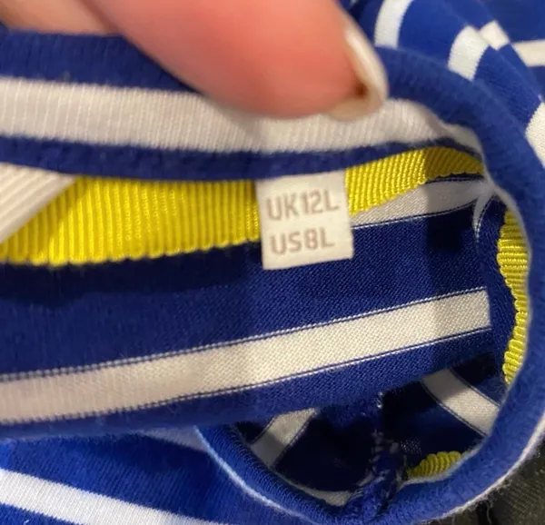 Boden Blue White Striped Vneck Mini Dress Yellow Ruffle Sleeve 8 8L Tall Coastal - Image 8