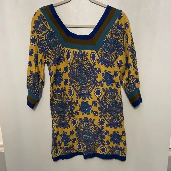 Free People Yellow Blue Medallion Print Tunic Mini Dress Boho Knit Small - Image 3
