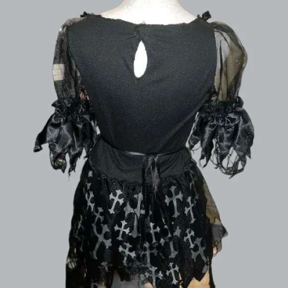 Gothic Black torn shredded look Dress with White Cross Pattern Size L - Image 8