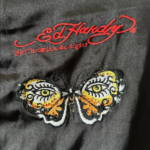 Ed Hardy Womens Bomber Jacket Black Zip Roar Embroidered Butterfly‎ Eyes Vintage - Image 5