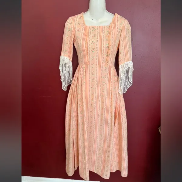 70s Bridgerton peach midi dress cottagecore - Image 7