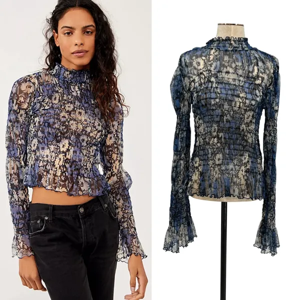 Free People Hello There Top‎ Blouse Smocked Flare Sleeve Mesh Floral Blue Large - Image 2