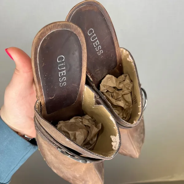 Guess Jovanna-T Brown Leather Studded Wood Platform Clog Mules Womens 9M‎ - Image 6