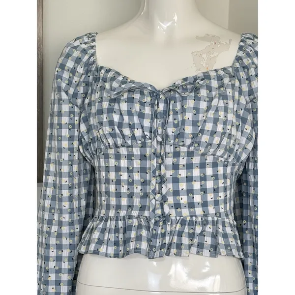 Rose & Grey Women’s M Gingham Peasant Crop Top Long Sleeve Cottagecore Floral - Image 6