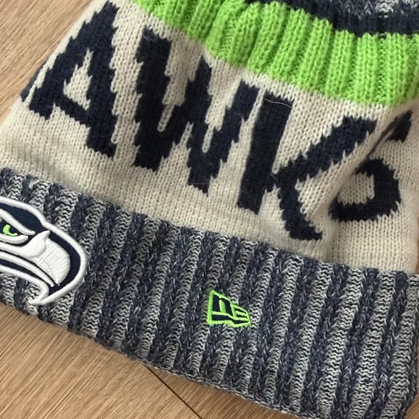 National Football League Seattle Seahawks Pom Beanie Hat - Navy, Gray & Neon Green - Image 4