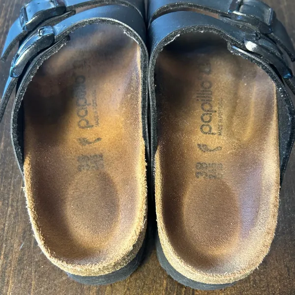 Papillio Birkenstock Arizona Platform Sandals 38 Black Two Strap Boho Minimalist - Image 5