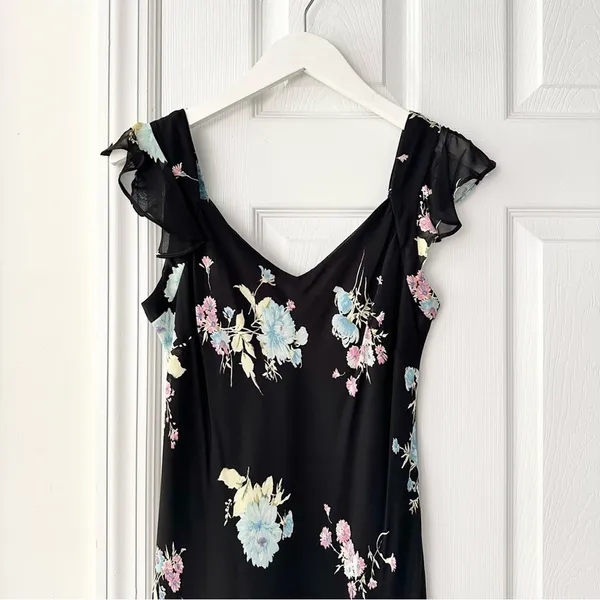 Evan Picone Black Floral 90s V Neck Flutter Sleeve Midi Sun Dress 10P Lined - Image 3