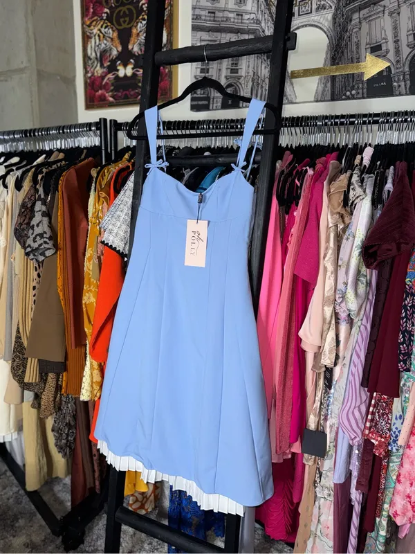 Oh Polly Isadora Blue Bow Detail Pleated A Line Midi Dress Womens 6 New NWT - Image 4
