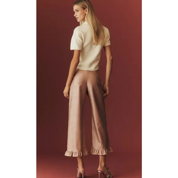 Maeve The Colette Crop Metallic Faux Leather Ruffle Hem Pants- Pink Metal Sz 30 - Image 2
