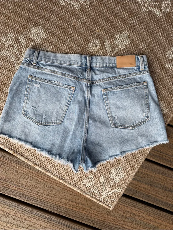 Zara Light Blue Distressed Denim Shorts - Image 3