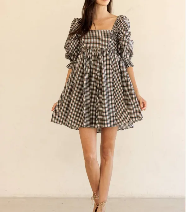 Gingham Puff Sleeve Mini Dress Brown Size M - Image 2