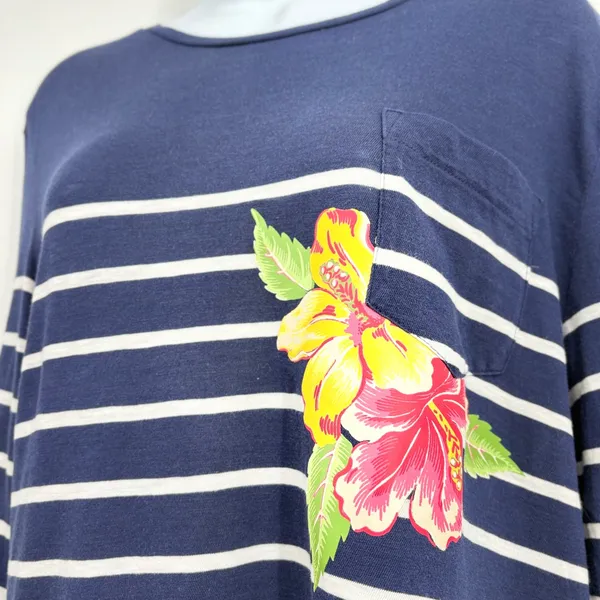 Polo Ralph Lauren Tee Women SM Navy White Stripe‎ Hibiscus Long Sleeve Nautical - Image 5