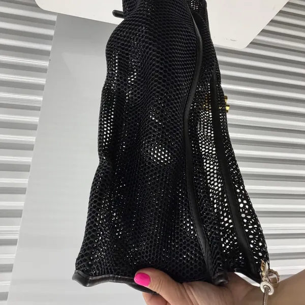Bamboo Black Fishnet Mesh Thigh High Boots Rose Gold Block Heel Open Toe Size 8 - Image 3