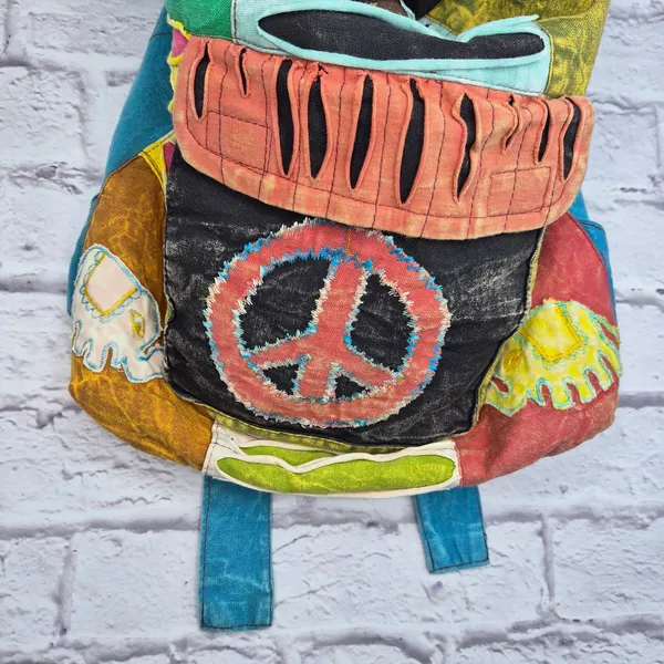 Nepal Cotton Patchwork Backpack Boho Hippie Festival Razor Cut Peace Sign Bag - Image 3