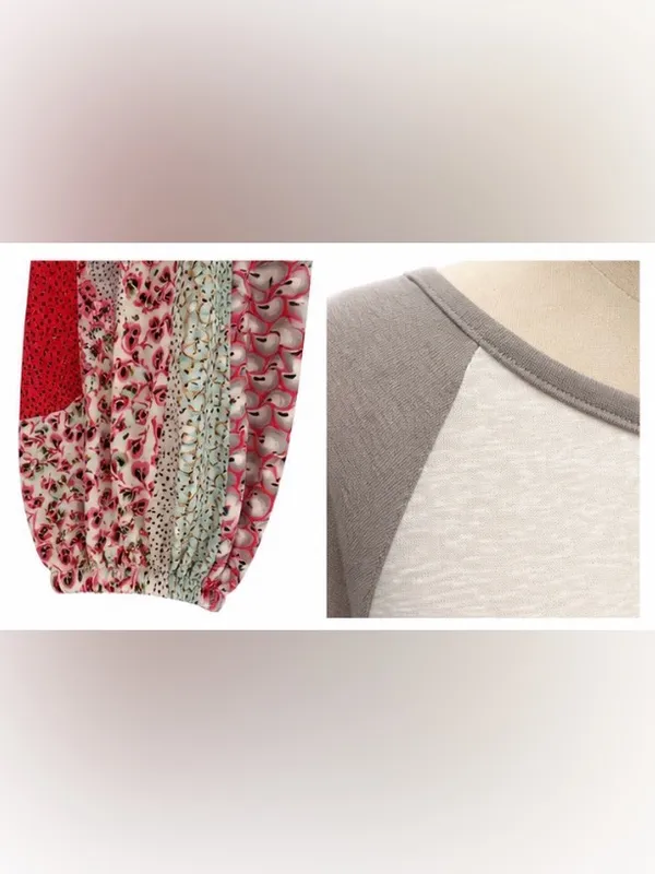 Easel Mixed Media Raglan Top Boho Patchwork Sleeve White Gray Size Medium - Image 5