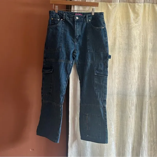 Edikted Jaimie Cargo Jeans Baggy Fit Pockets Low Waist Blue Denim Y2K NEW Size L - Image 4