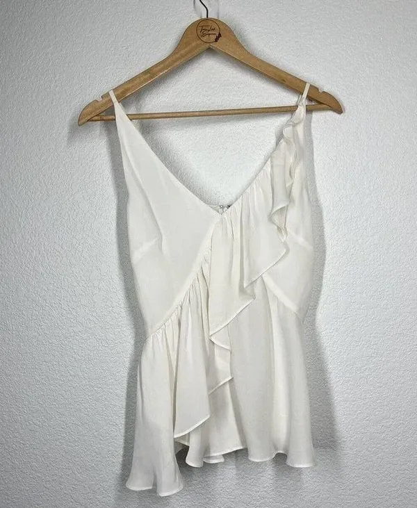 Intermix Tess Ruffled Sleeveless Top Size P Ivory Silk Tank XS - Image 3