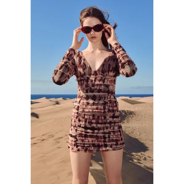 Zara Draped Tulle Mini Dress Brown Women's‎ Size XS Long Sleeve V-Neck - Image 5
