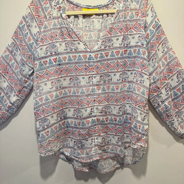 Roberta Roller Rabbit Elephant Print‎ Gauze Lightweight V-neck Blouse Top Medium - Image 3