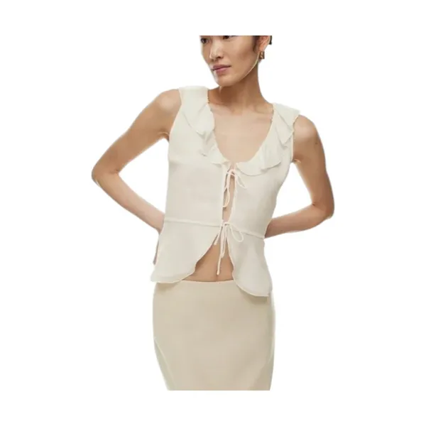 Wilfred Aritzia White Silky Semi Sheer Tie Front Sleeveless Blouse Size Small - Image 3