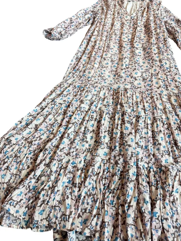 Z Supply Ivory Blue Floral Tiered Maxi Dress Long Sleeve Bohemian Small Women's - Image 7
