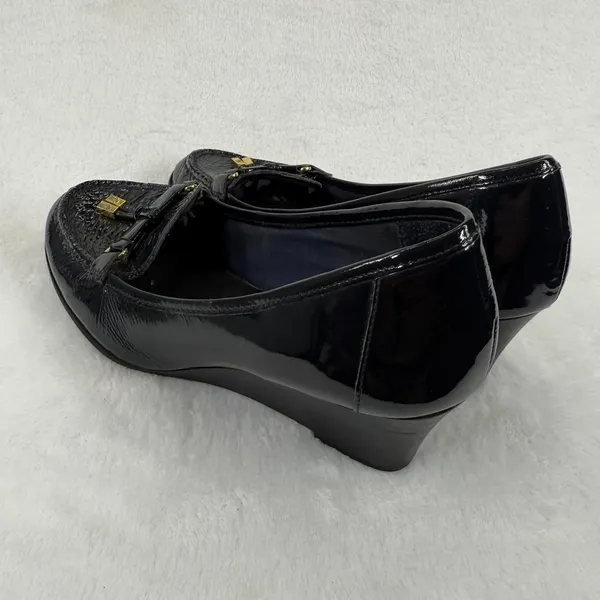 Lauren Ralph Lauren Black Patent Leather Wedge Loafers with Gold Accents 8 READ‎ - Image 8