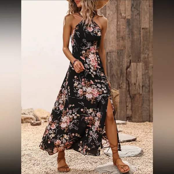 SheIn Black and Pink Floral Print Split Thigh Halter Maxi Dress with Slit - Image 5