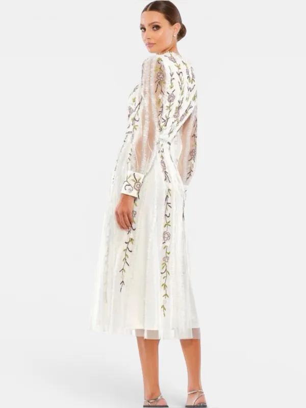 NWT MAC DUGGAL 9133 Hand-Beaded Floral Long-Sleeve Midi‎ Dress, Sz 2, IvoryMulti - Image 3