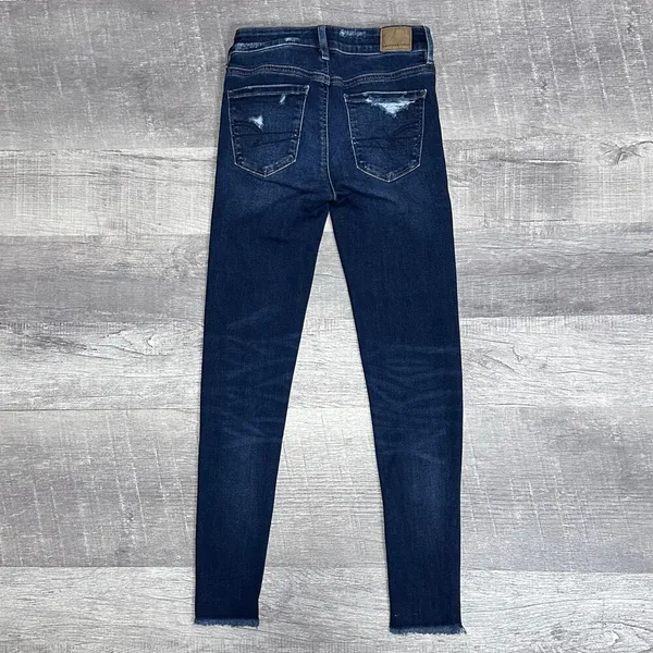 American Eagle AEO Dark Wash Jegging Jeans Womens 0 Reg High Rise Ripped Raw Hem - Image 4