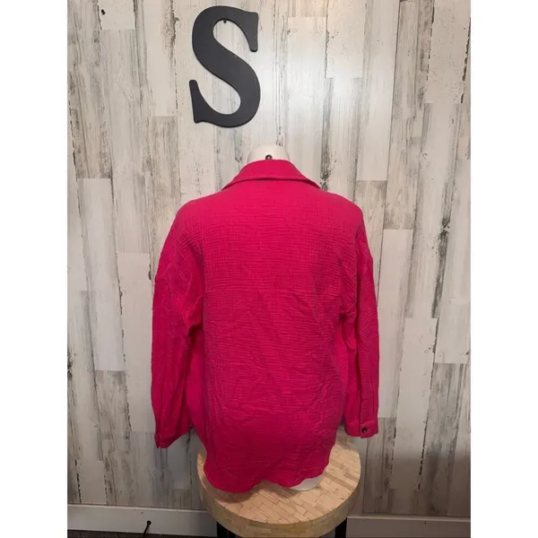 Hot Pink 100% Cotton Gauze Long Sleeve Button Down Shirt Shacket Women's S - Image 5
