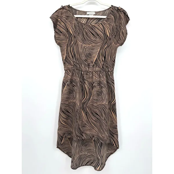 Vintage Toska Hi-Lo Dress Brown Black Leaf Print Summer Short Sleeve Casual Sz L - Image 3