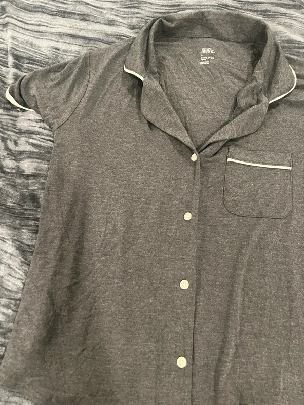 Gray Button-Up Shirt with White Trim Pj Top Size L by Stars Above - Image 2
