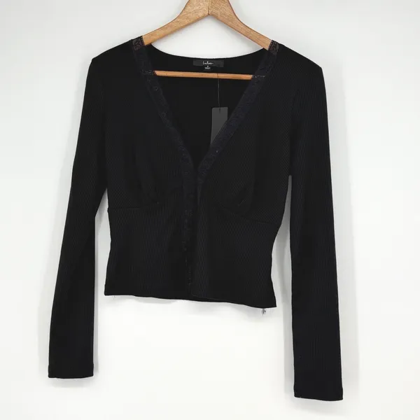 Lulus Black Ribbed Lace Trim‎ V-Neck Long Sleeve Cropped Top Size S NWT - Image 2