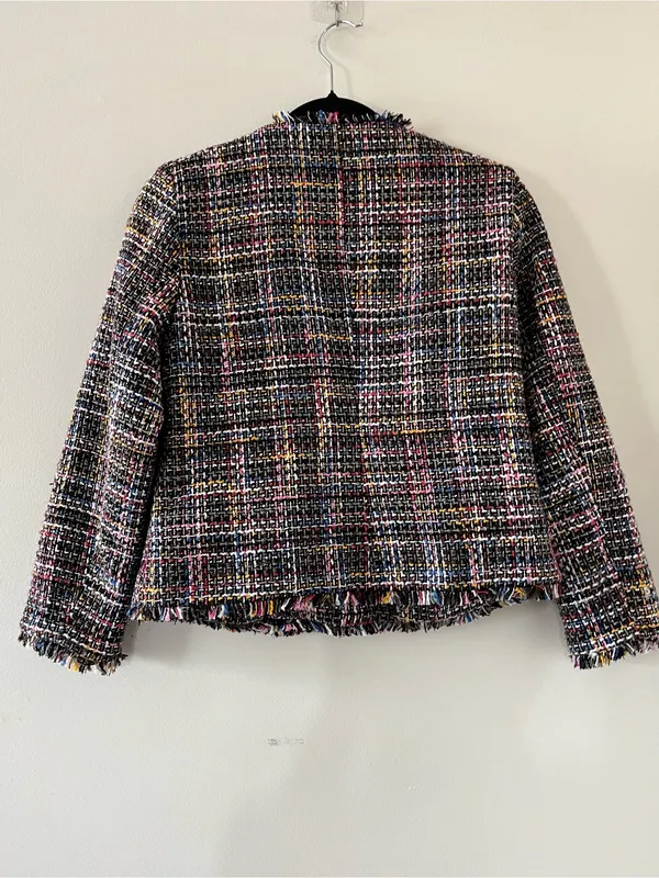 Halogen Black Multicolor Tweed Moto Blazer Jacket Small Petite Fringe Preppy - Image 6