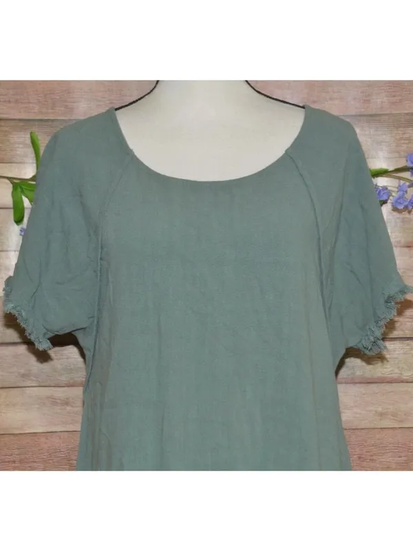 Umgee Women's M Green Linen Cotton Lagoon Tunic Top Mini Dress w/Fringe Trim - Image 2
