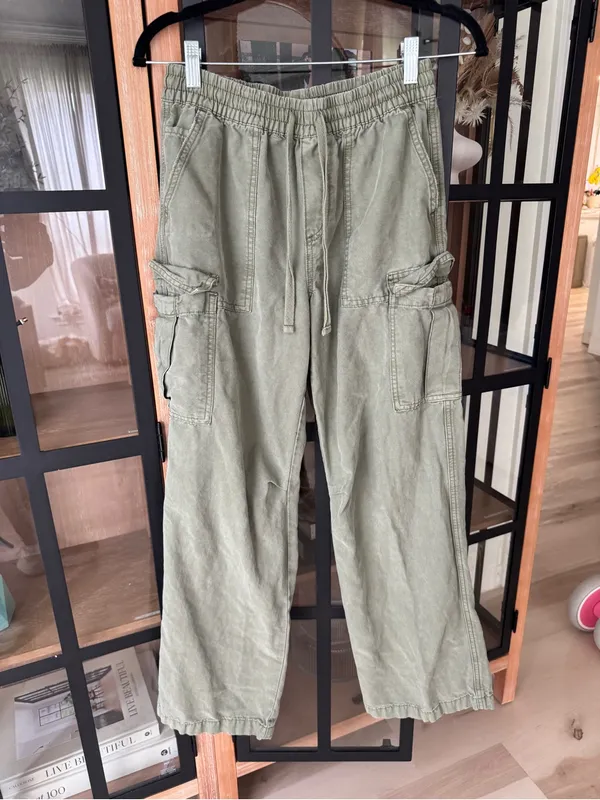 Aerie olive fun Village Cargo Pants jeans drawstring pockets wide leg mid rise - Image 6