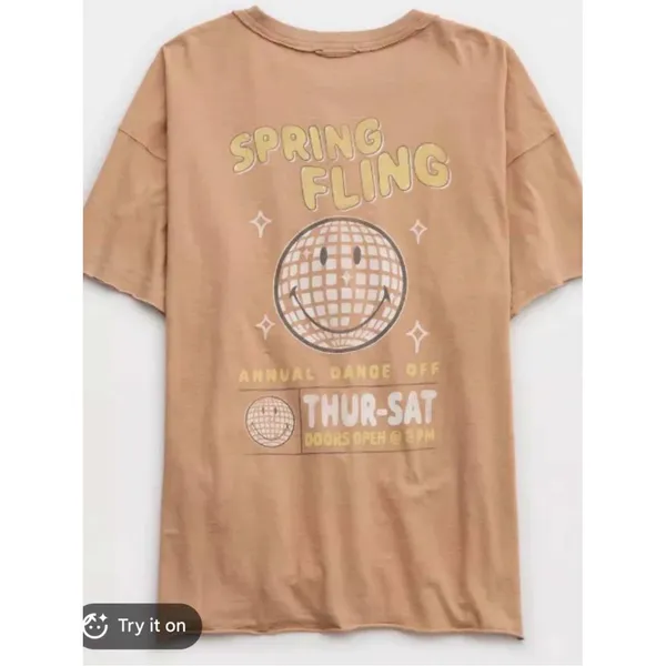 Aerie Brown Graphic T-Shirt Spring Fling‎ Disco Ball Smiley Face Oversized Small - Image 2